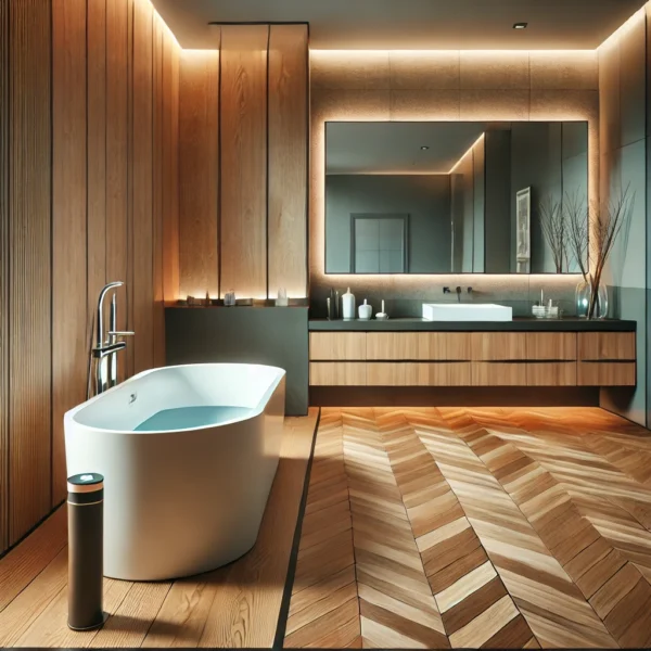 bagno elegante con assi di parquet avanzato effetto legno