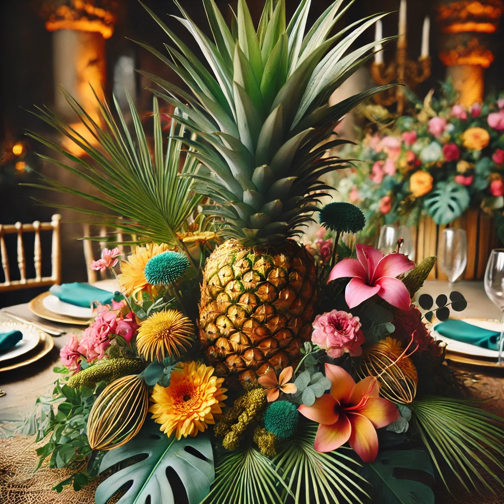 Centrotavola tropicale con ananas, fiori freschi e foglie di palma