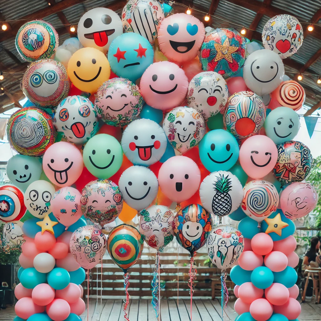 Palloncini decorati con facce, simboli e nastri colorati