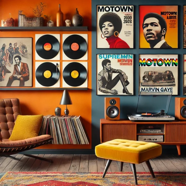 Decorazioni musicali Motown con vinili e giradischi retrò